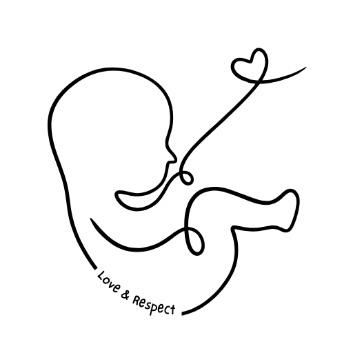 “Minimalist line drawing of an unborn baby connected by an umbilical cord that forms a heart shape. The words ‘Love & Respect’ curve along the bottom of the design.
